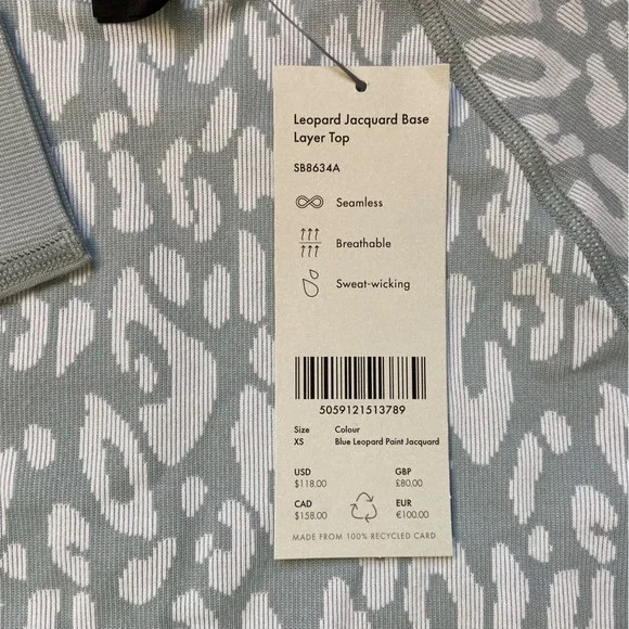Sweaty Betty Leopard Jacquard Base Layer Top Womens Sz XS (0-2) Blue - Picture 3 of 10
